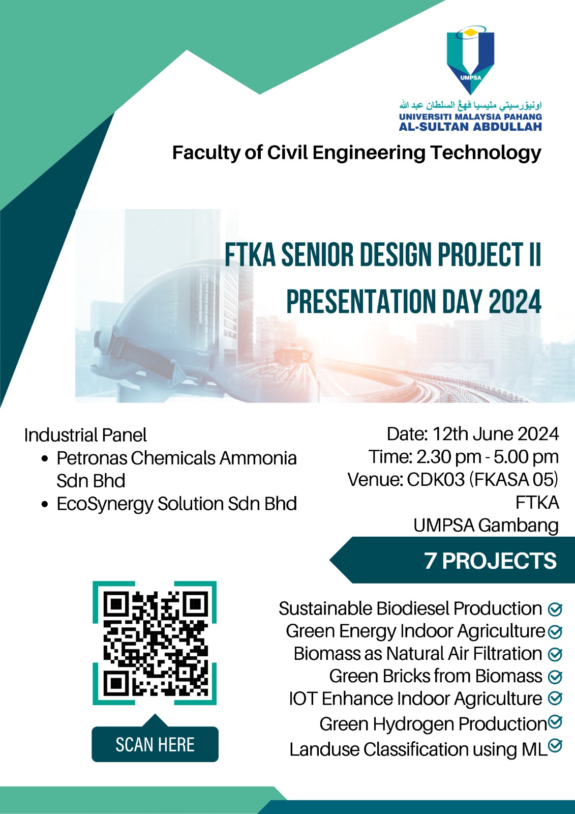 Faculty of Civil Engineering Technology, UMPSA Senior Design Project (SDP) II Presentation Day 2024 will be held on 12th June 2024 at CDK03 (FKASA 05), UMPSA Gambang Campus